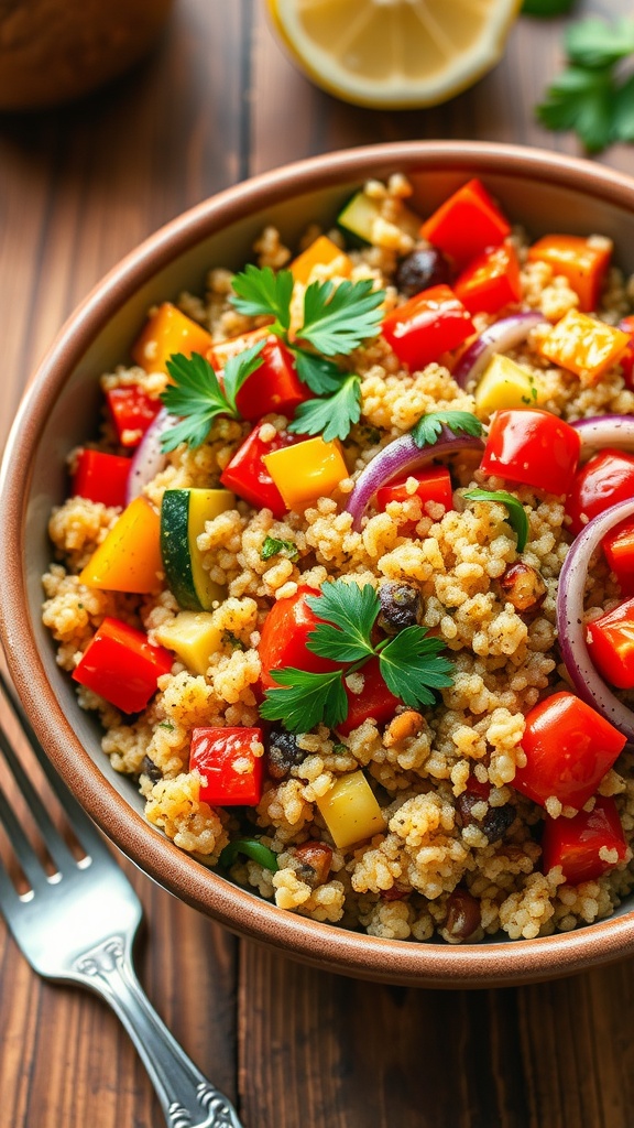 A colorful quinoa salad with roasted vegetables in a rustic bowl, garnished with parsley.